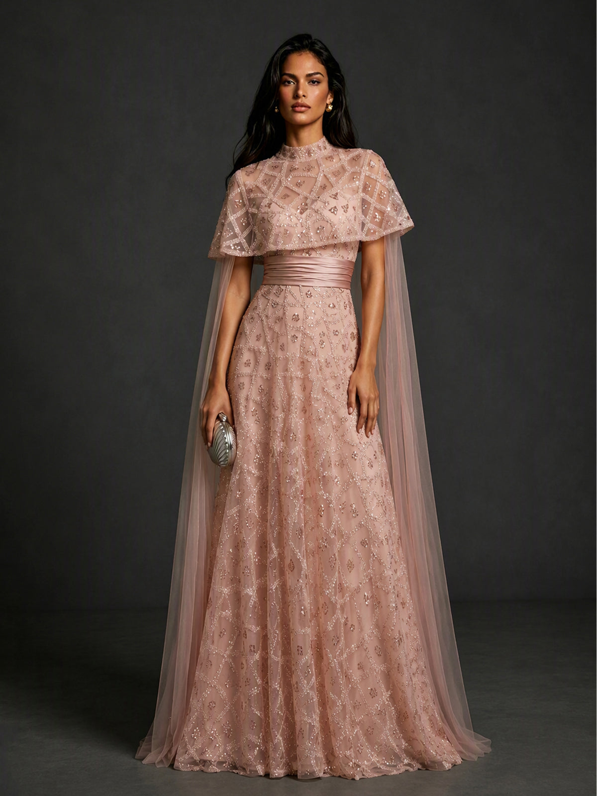 BOLODOO BX0005 blush pink high-neck cape gown - detail view of cape drape, mock neck and glitter tulle bodice embroidery