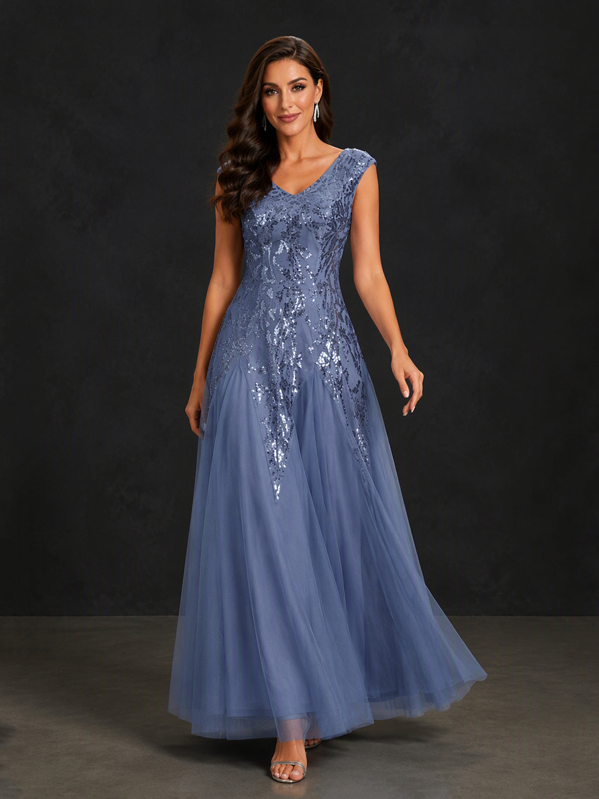 BOLODOO BX0007 dusty blue V-neck cap sleeve sequin tulle A-line gown - full front view showing sequin botanical bodice and flowing tulle skirt