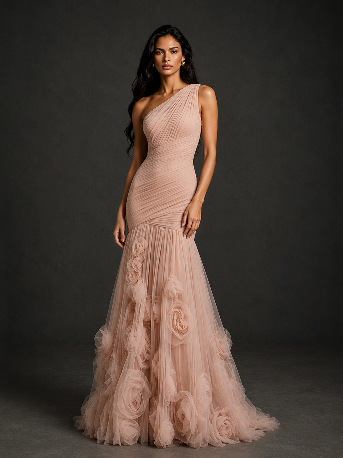 BOLODOO BX0008 blush pink mermaid gown - full front view with clutch showing one-shoulder silhouette and full 3D rose floral tulle skirt