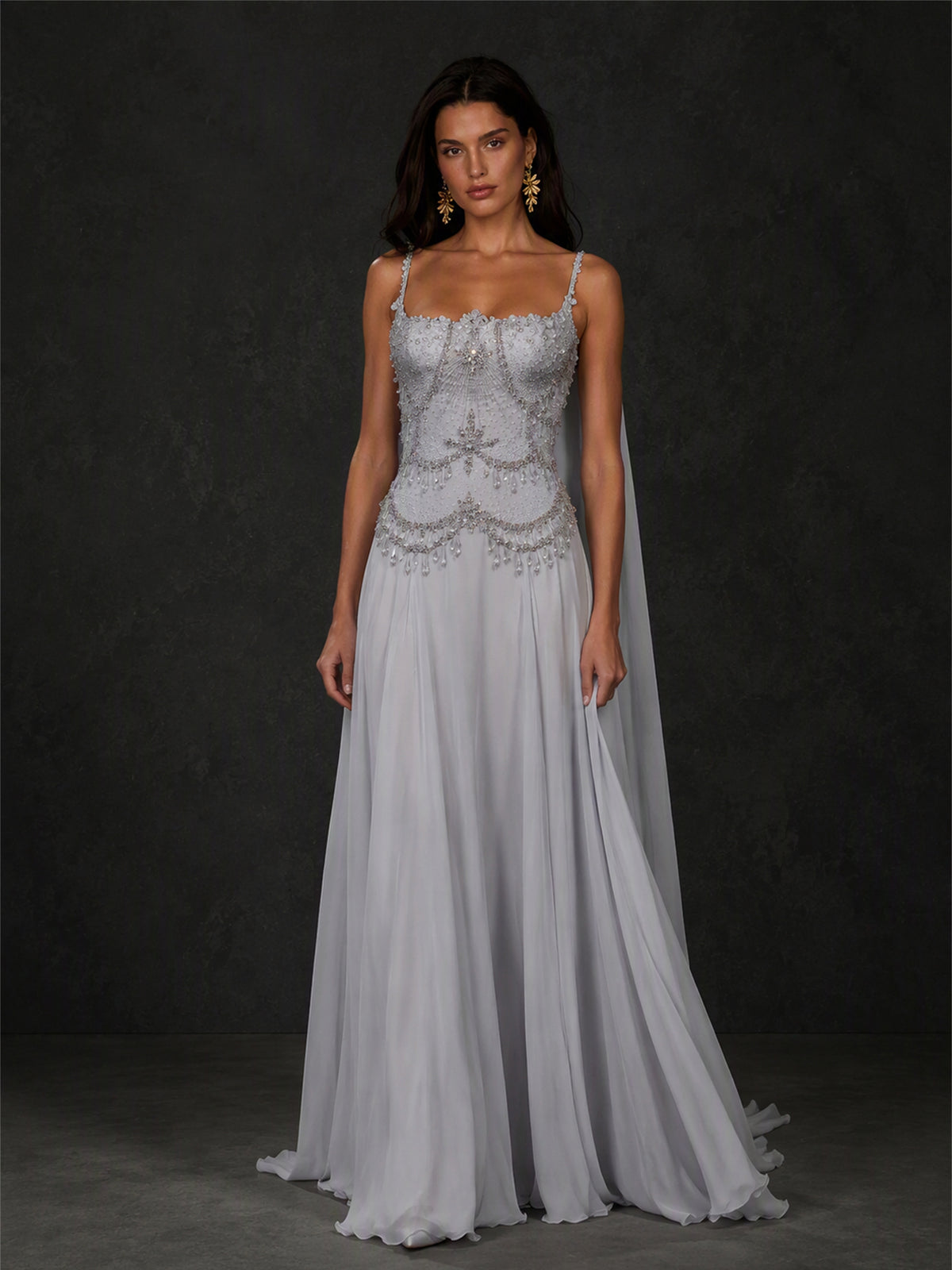 BOLODOO BX0011 silver grey spaghetti strap chiffon cape crystal beaded corset A-line gown - full front view showing baroque crystal bodice and bilateral chiffon capes