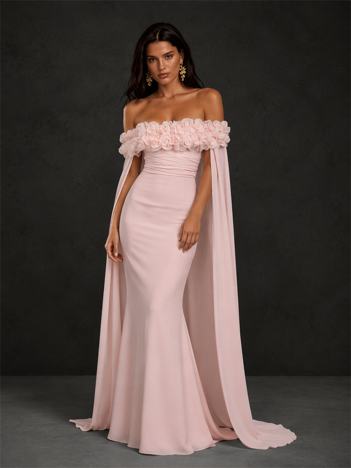 BOLODOO BX0013 blush pink off-shoulder 3D rose chiffon cape mermaid gown - full front view showing 3D rose ruffle neckline, bilateral chiffon capes and mermaid silhouette