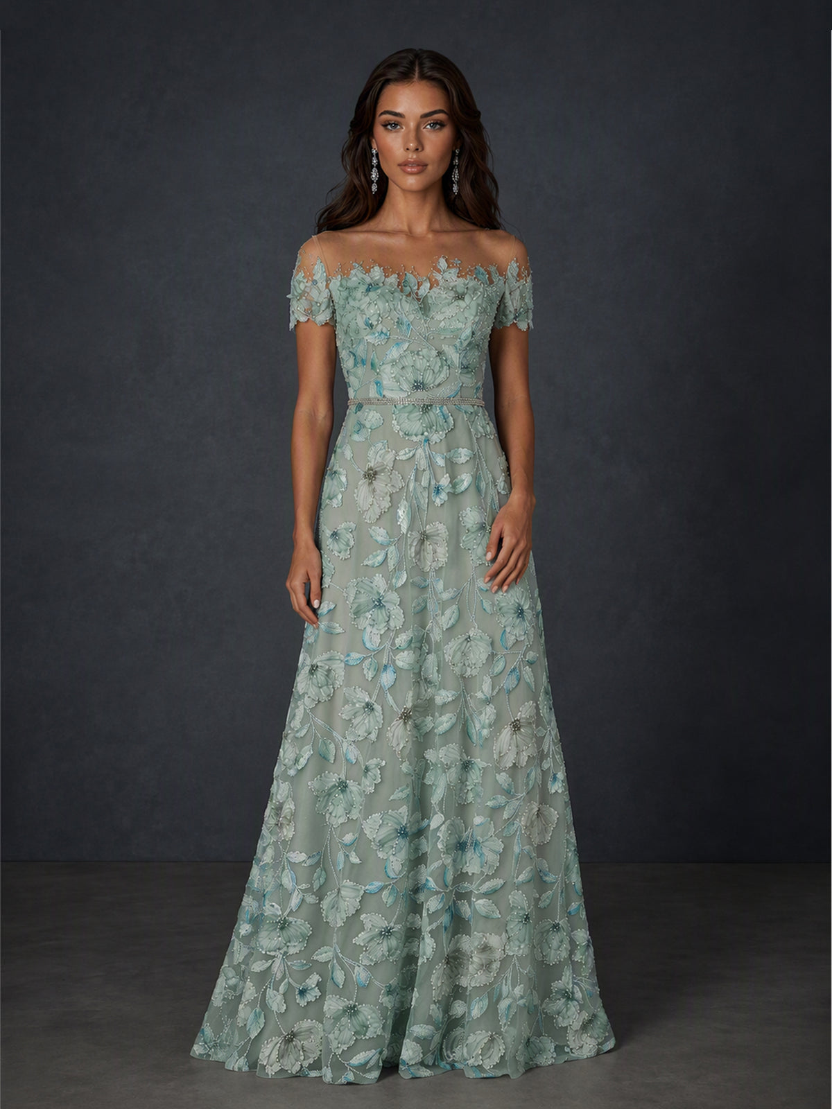 BOLODOO BX0015 sage green formal gown - back view showing covered illusion lace back, short sleeves and full A-line lace skirt sweep train
