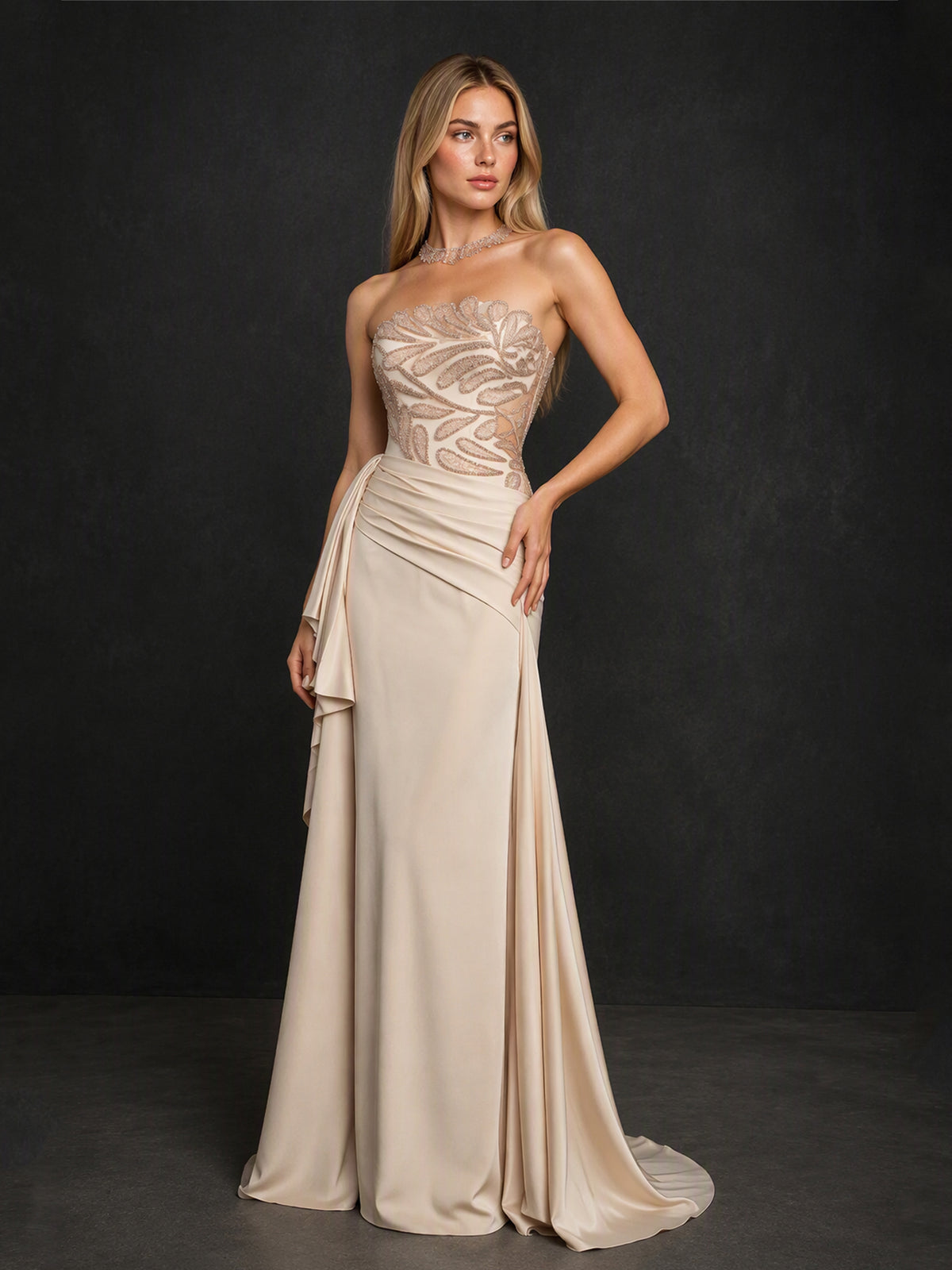 BOLODOO BX0017 champagne ivory strapless illusion crystal beaded corset satin mermaid gown - full front view showing sheer crystal bodice, asymmetric side drape and mermaid silhouette