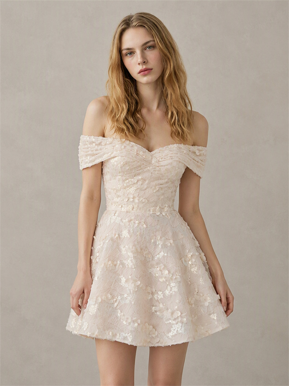 BOLODOO BX0024 champagne white 3D floral sequin mini dress - front view showing off-shoulder silhouette, dimensional floral embroidery detail and full A-line mini skirt