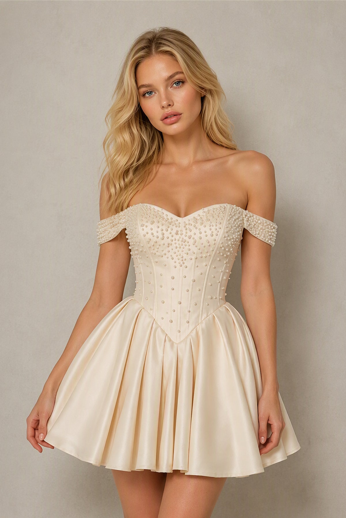 BOLODOO Champagne Pearl Off-Shoulder Corset Mini Dress - Front Full Length View