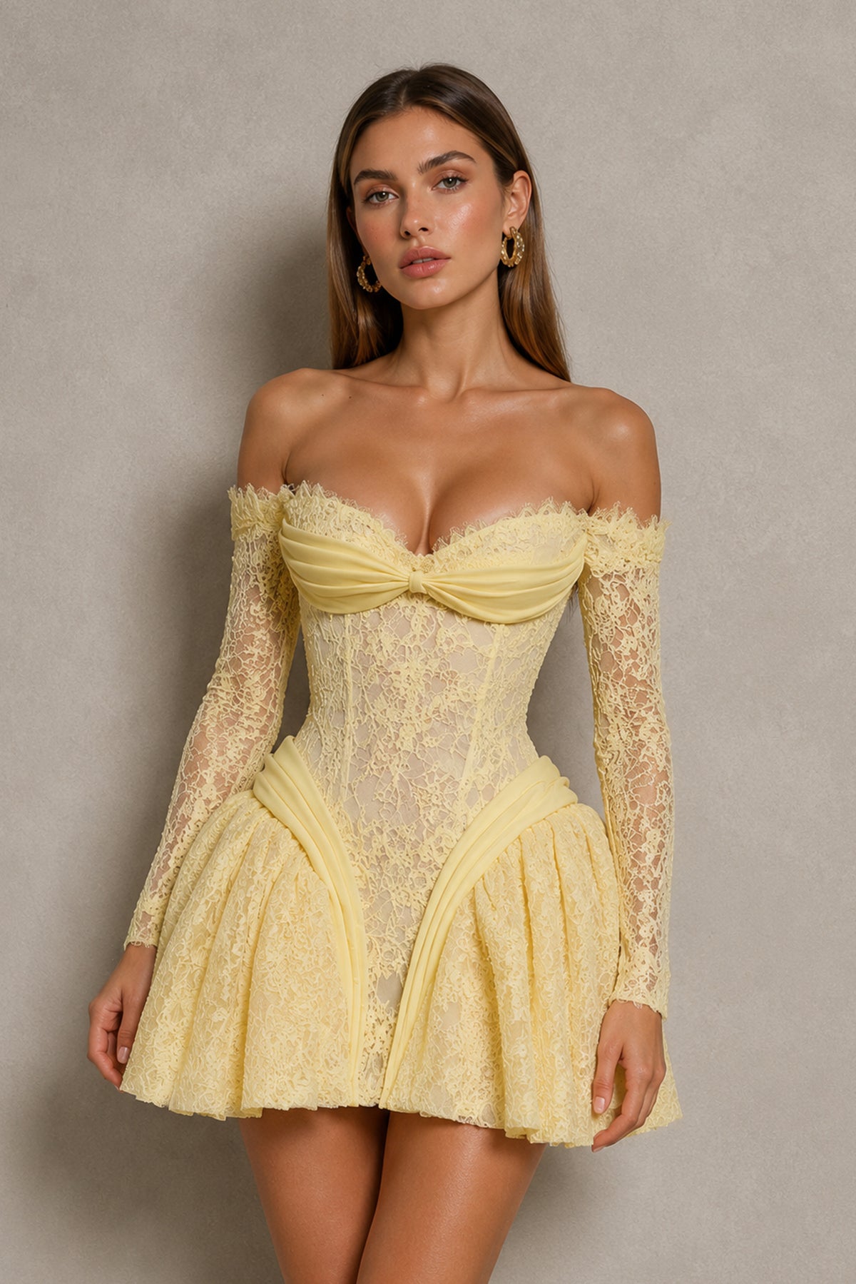 BOLODOO Yellow Lace Off-Shoulder Long Sleeve Corset Puff Mini Dress - Front Close-Up Detail View