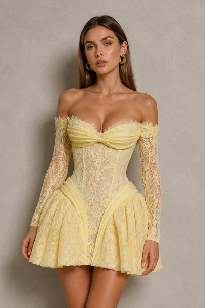 BOLODOO Yellow Lace Off-Shoulder Long Sleeve Corset Puff Mini Dress - Front Close-Up Detail View