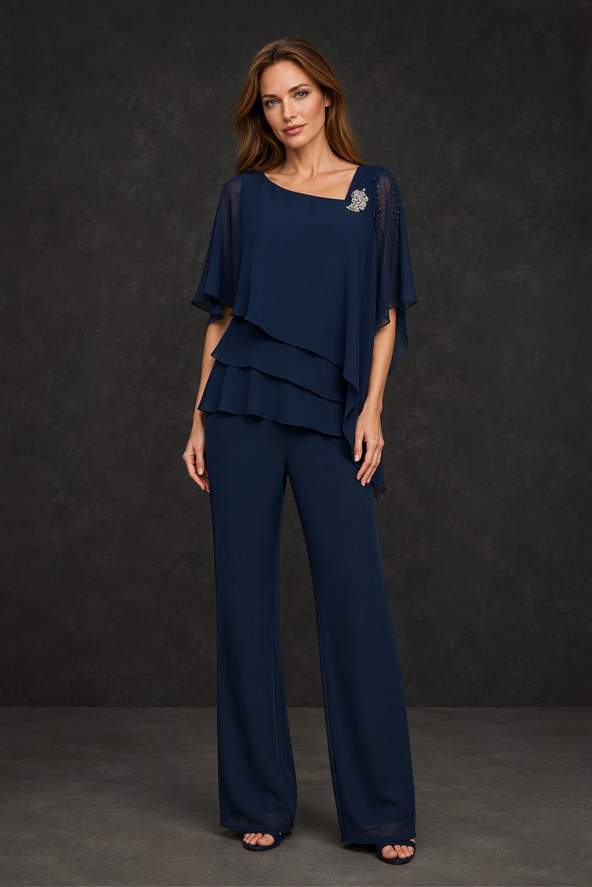 BOLODOO Navy Blue Chiffon Cape Sleeve Tiered Pantsuit - Front Full Length View
