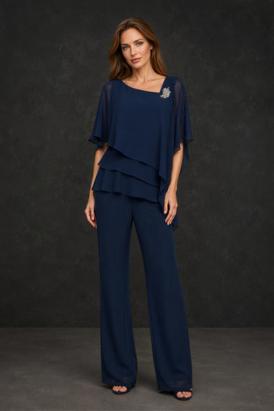 BOLODOO Navy Blue Chiffon Cape Sleeve Tiered Pantsuit - Front Full Length View