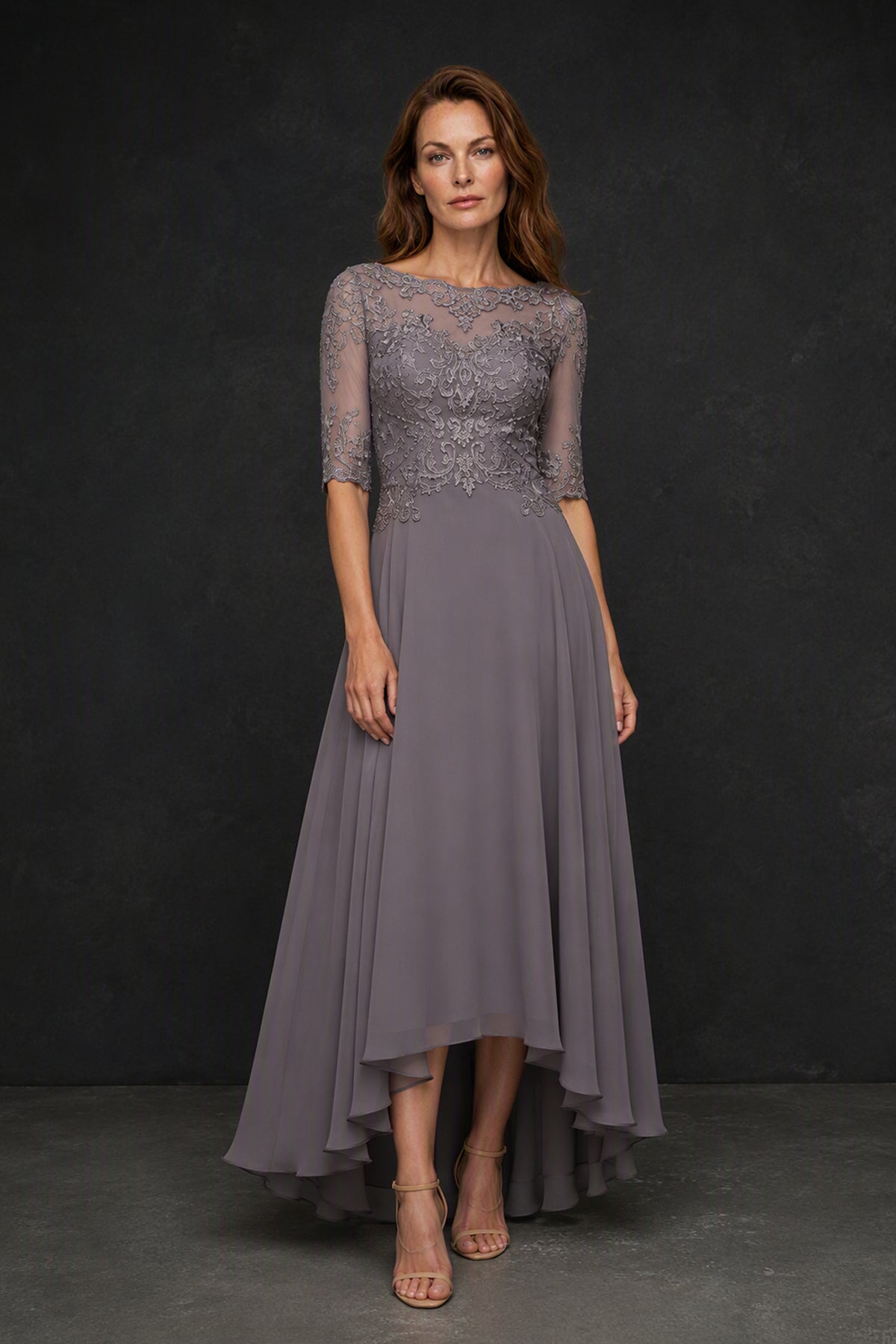 BOLODOO Dusty Mauve Illusion Lace 3/4 Sleeve Hi-Lo Chiffon Dress - Front Three Quarter View