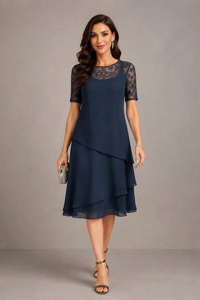 BOLODOO Navy Blue Illusion Lace Short Sleeve Tiered Chiffon Tea Length Dress - Back View