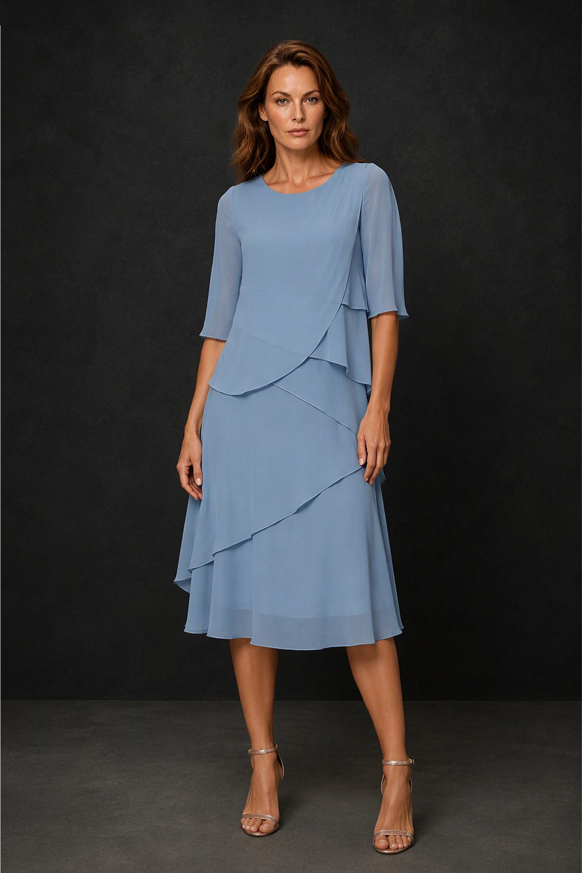 BOLODOO Dusty Blue Chiffon 3/4 Sleeve Asymmetric Tiered Tea Length Dress - Front Detail View