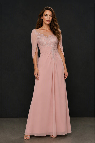 BOLODOO Blush Pink Illusion Lace Cape Sleeve Beaded Chiffon Gown - Front Close-Up Detail View