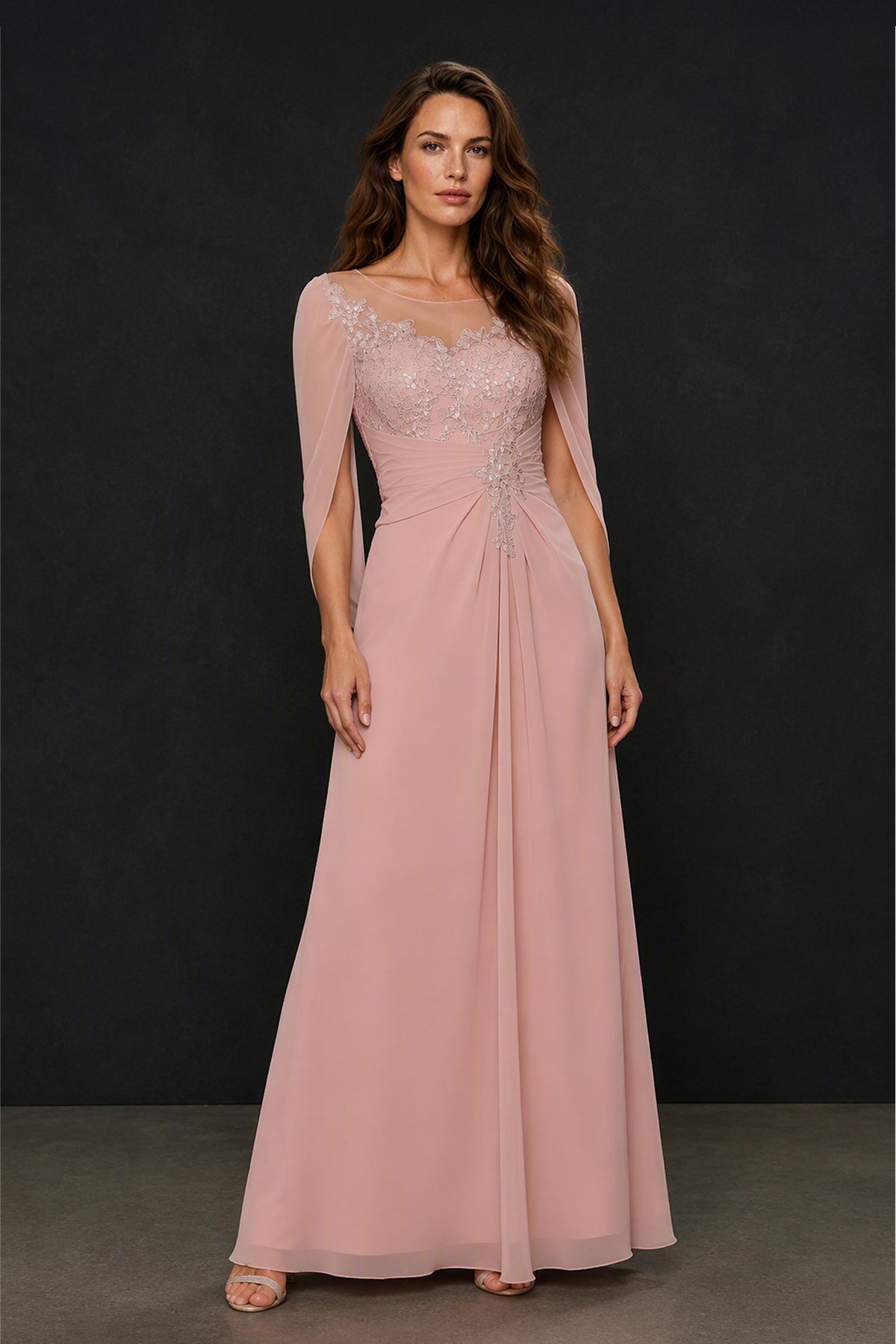 BOLODOO Blush Pink Illusion Lace Cape Sleeve Beaded Chiffon Gown - Front Close-Up Detail View