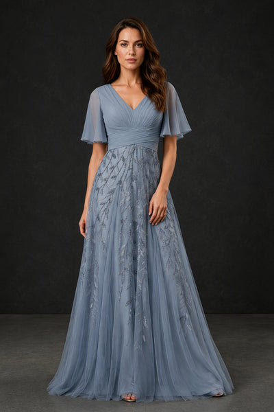 BOLODOO Steel Blue V-Neck Flutter Sleeve Beaded Botanical Tulle Gown - Front Full Length View