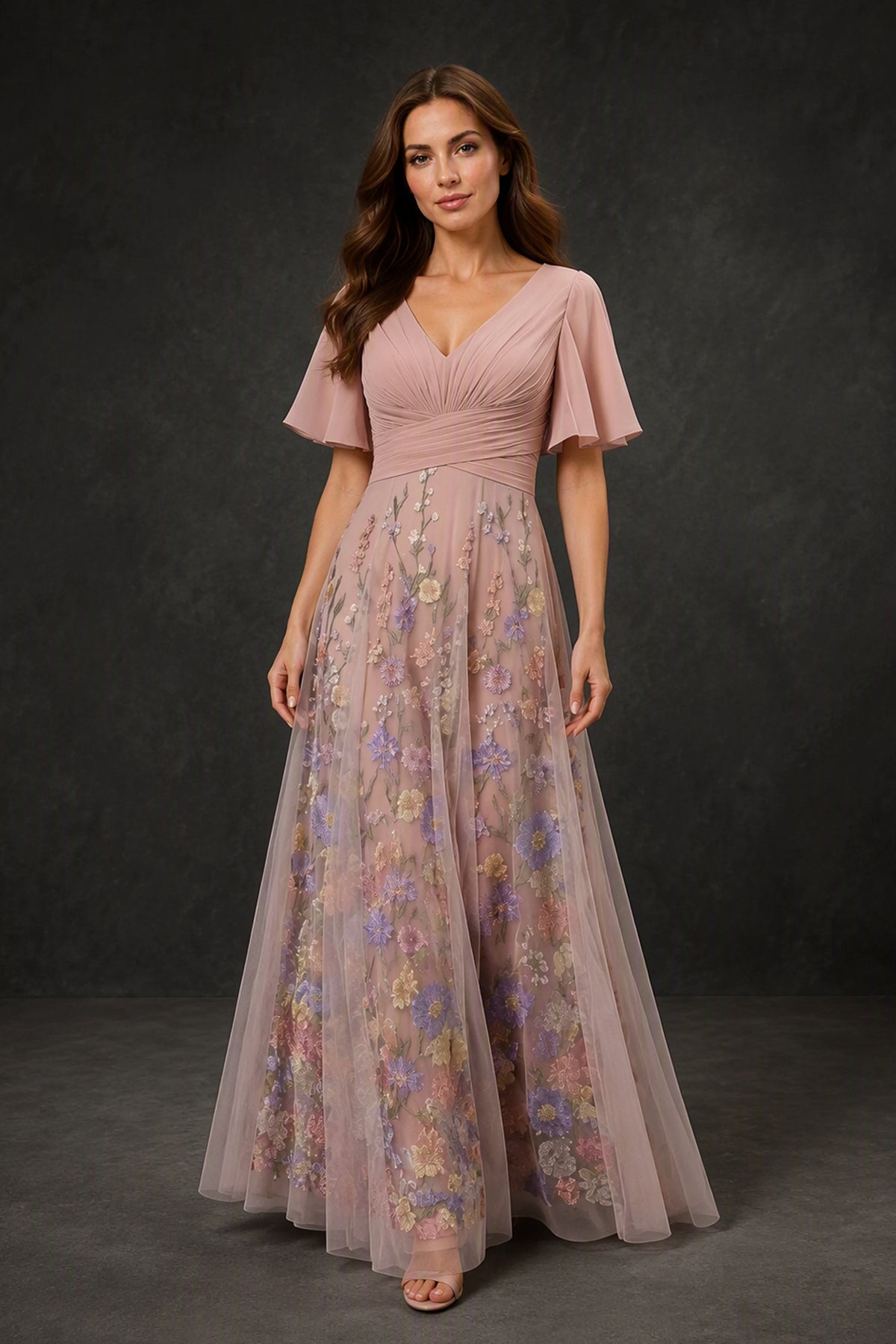 BOLODOO Dusty Rose V-Neck Flutter Sleeve Floral Embroidered Tulle Gown - Back Open V-Back View