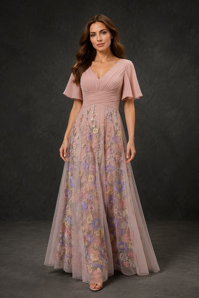 BOLODOO Dusty Rose V-Neck Flutter Sleeve Floral Embroidered Tulle Gown - Back Open V-Back View