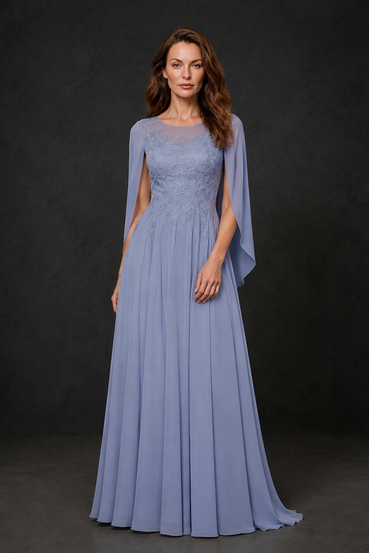 BOLODOO Cornflower Blue Illusion Lace Cape Sleeve Beaded Chiffon Gown - Front Full Length View