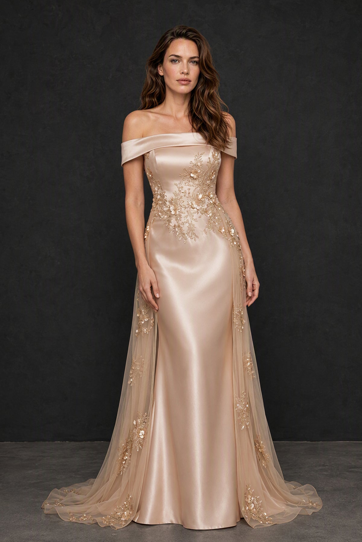 BOLODOO Champagne Gold Off-Shoulder Satin Floral Embroidered Mermaid Gown - Front Full Length View