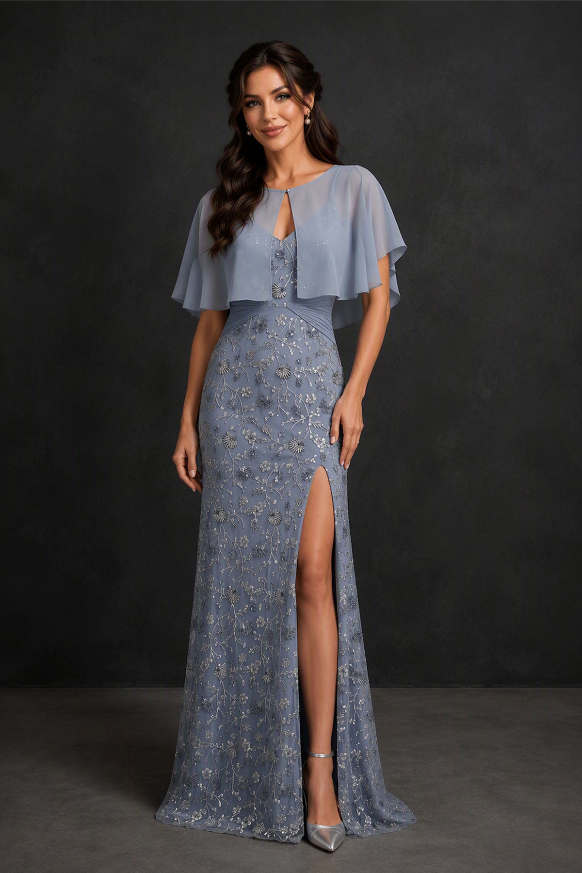 BOLODOO Dusty Blue Sequin Lace Mermaid Gown with Chiffon Cape - Side View