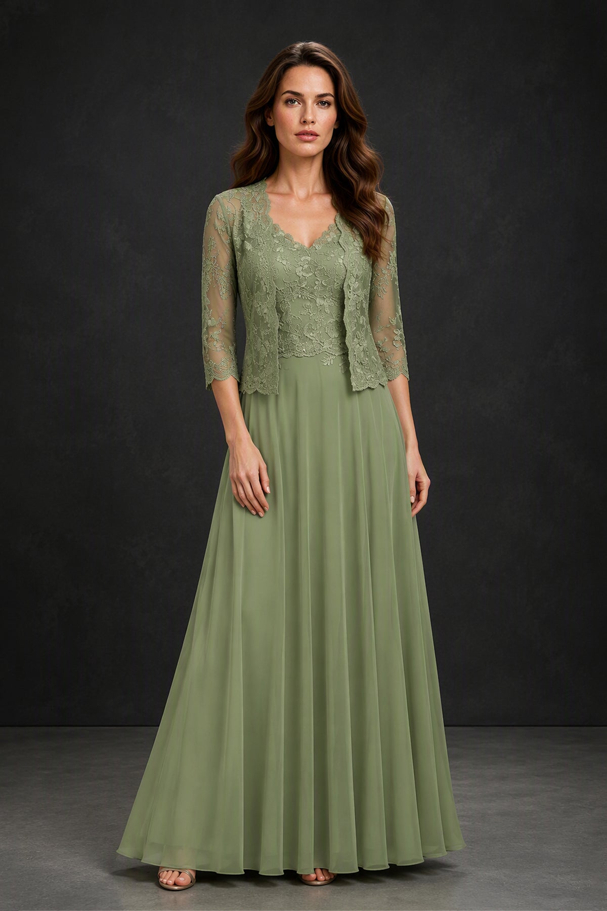 BOLODOO Sage Green Lace Jacket Chiffon Gown Set - Side View