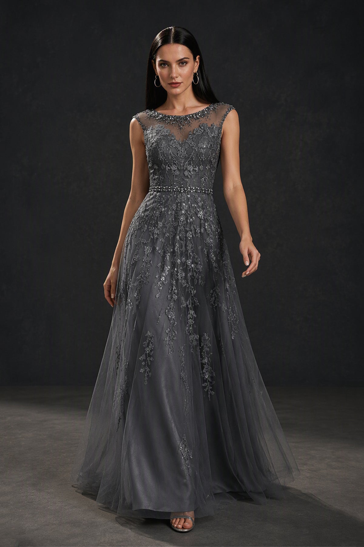 BOLODOO Charcoal Grey Beaded Lace Appliqué Tulle A-Line Gown - Front View