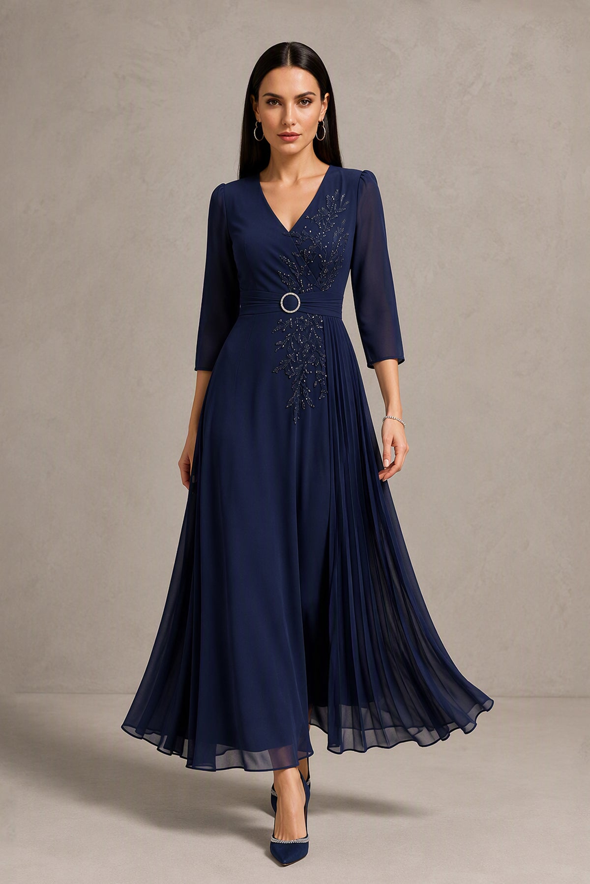 BOLODOO Navy Blue Beaded Embroidery Chiffon A-Line Gown - Front View