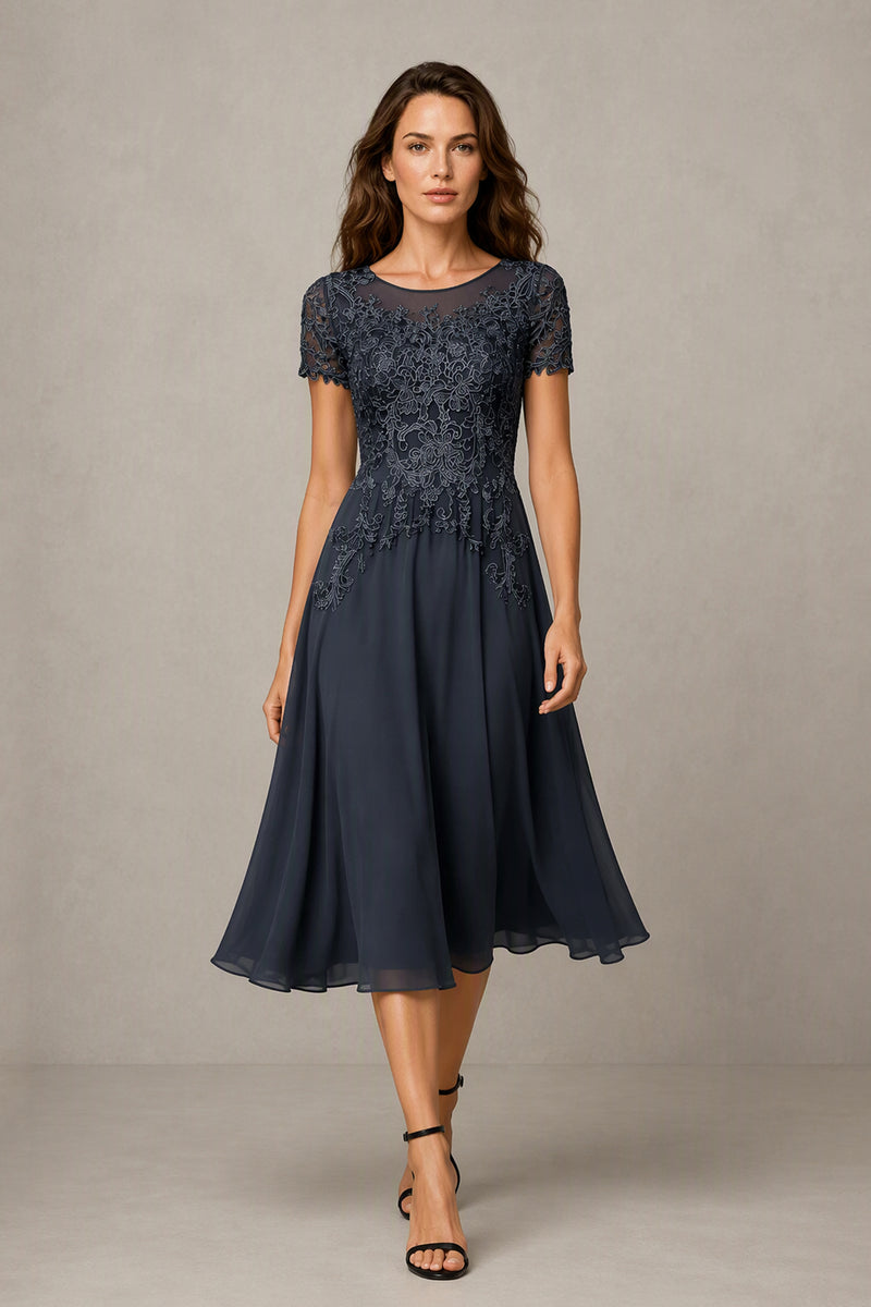 BOLODOO Steel Blue Beaded Lace Illusion Chiffon Tea-Length Dress - Back View
