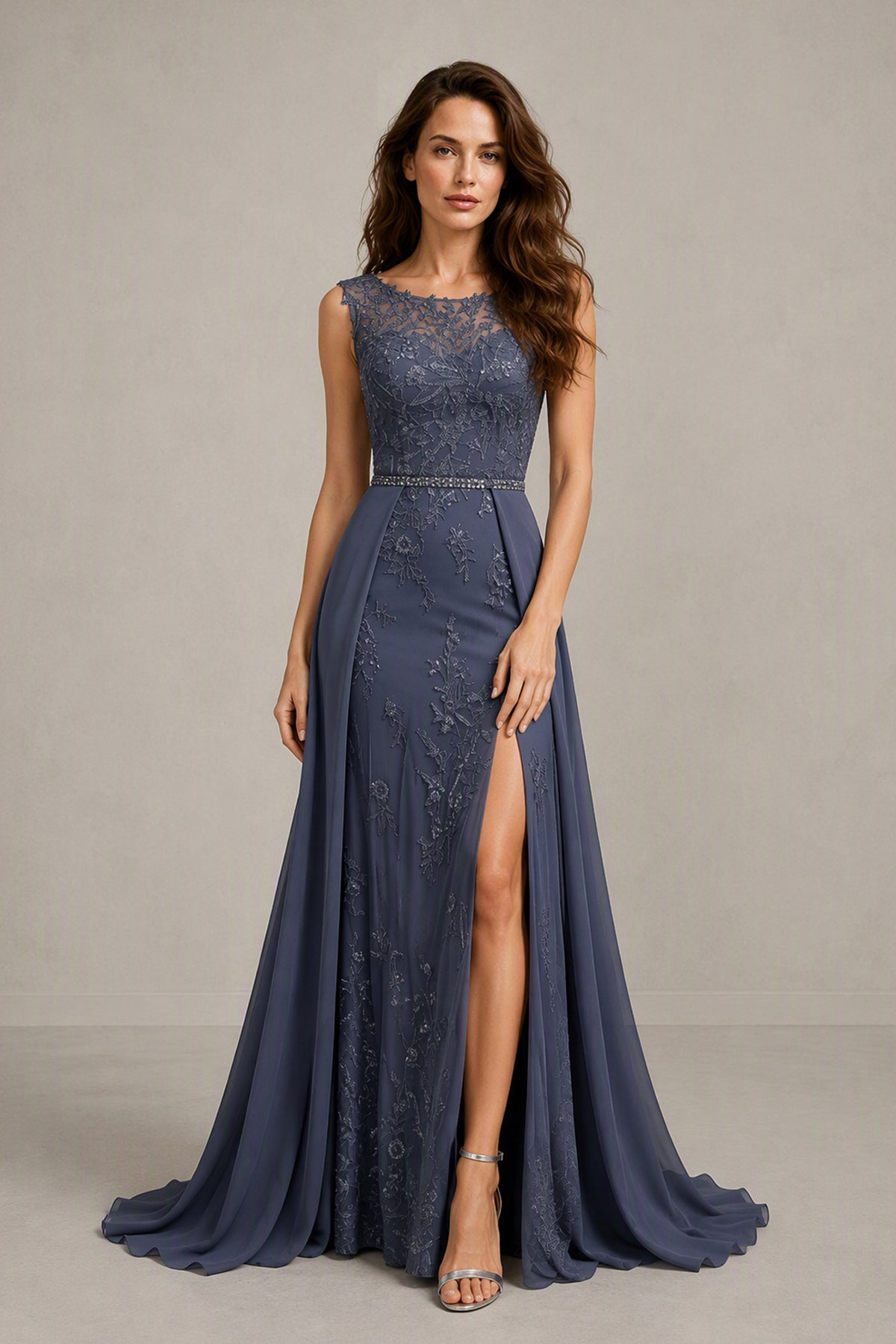 BOLODOO Dusty Navy Beaded Lace Mermaid Gown with Chiffon Overskirt - Front Full View with Overskirt