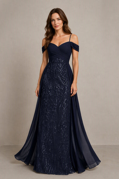 BOLODOO Navy Blue Off-Shoulder Sequin Lace Chiffon A-Line Gown - Front Full View