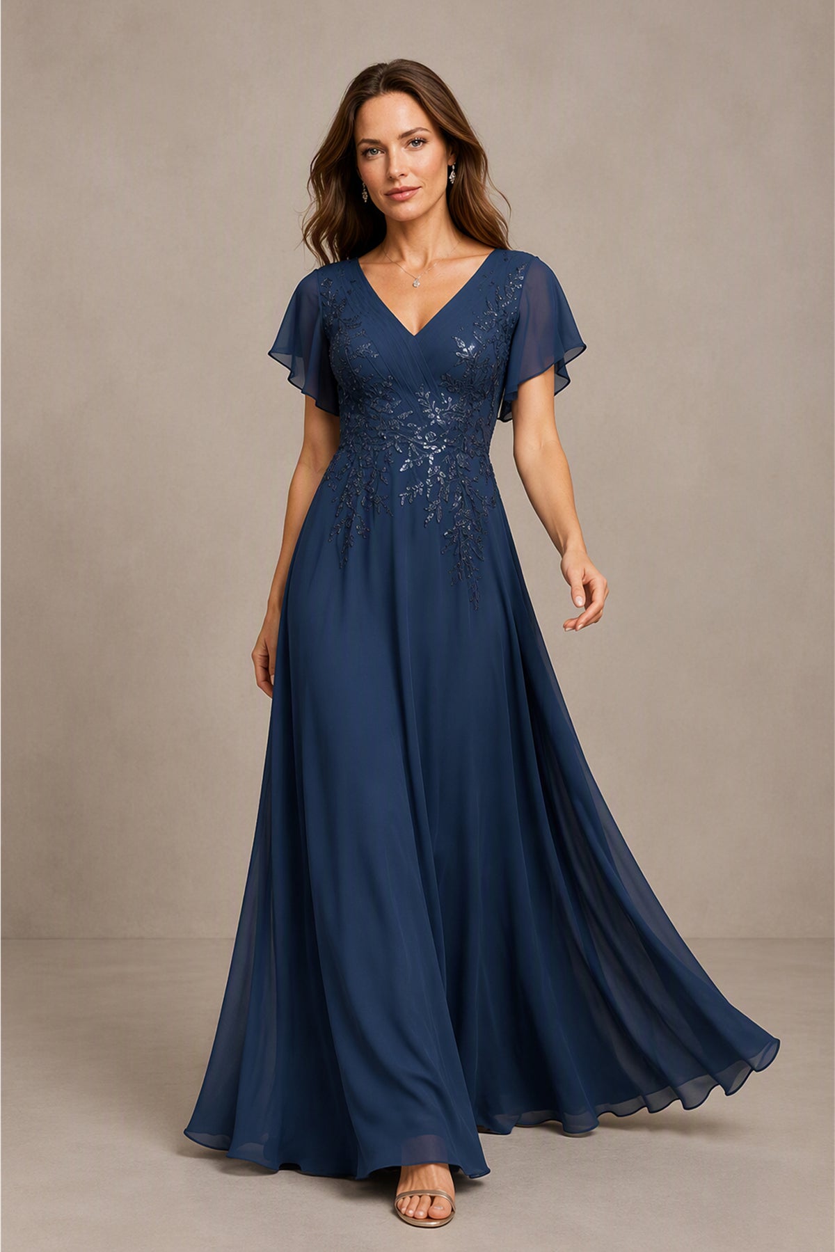 BOLODOO Steel Blue Flutter Sleeve Sequin Embroidery Chiffon A-Line Gown - Front View with Flowing Skirt