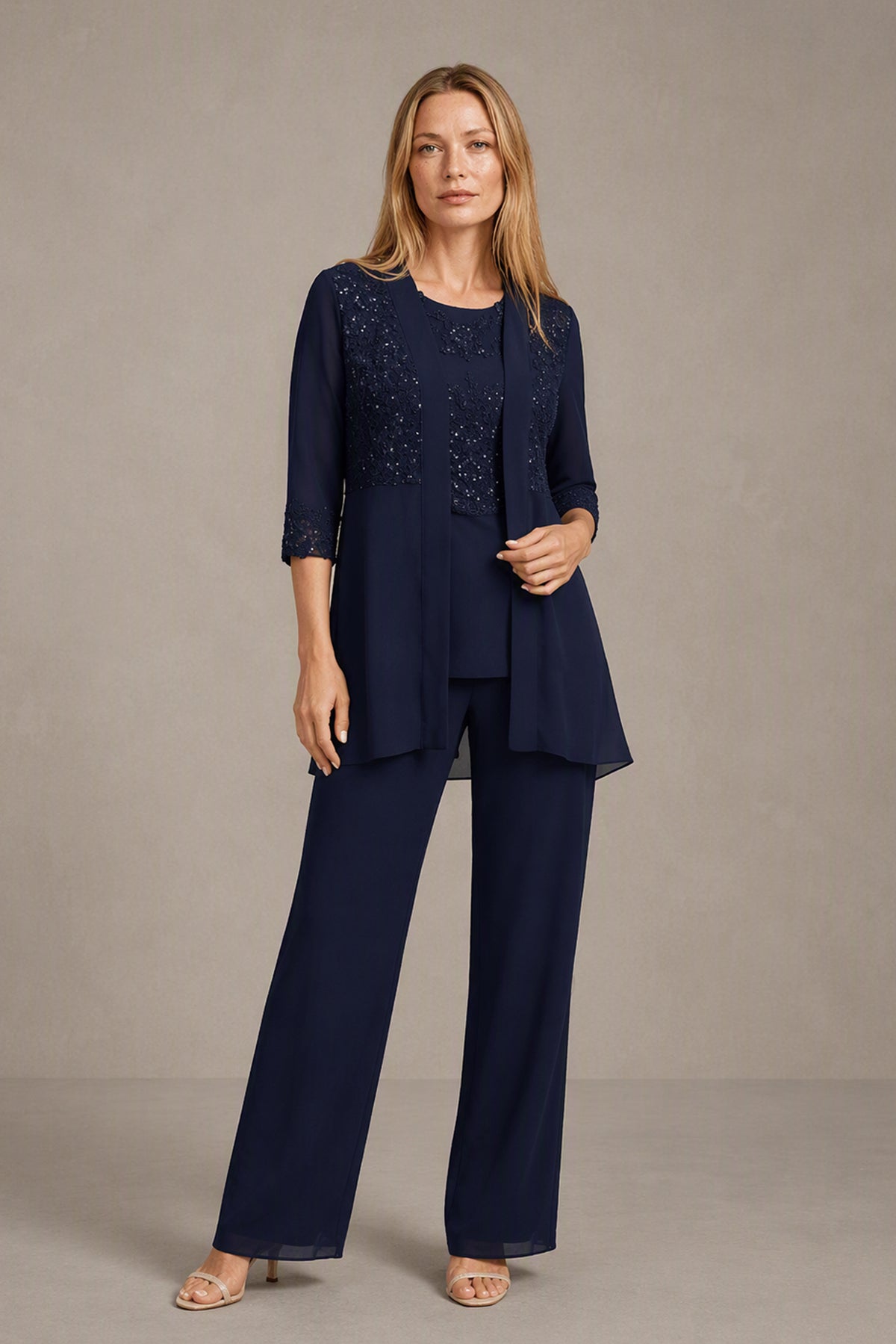 BOLODOO Navy Blue Beaded Lace Top & Wide-Leg Chiffon Pants Set with Jacket - Back View