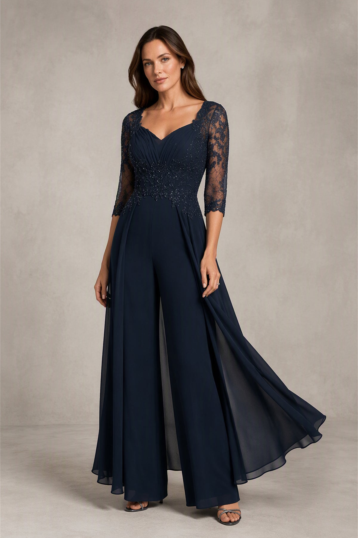 BOLODOO Navy Blue Beaded Lace Chiffon Wide-Leg Jumpsuit - Front View with Flowing Panels