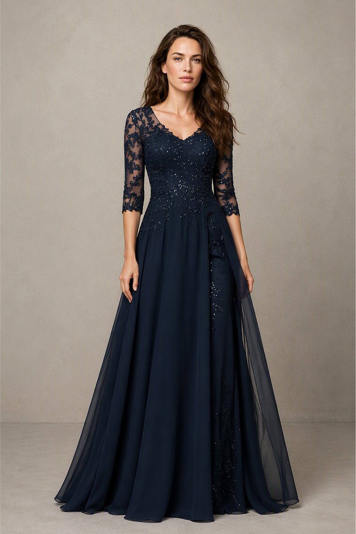 BOLODOO Midnight Navy Beaded Lace Appliqué Chiffon A-Line Gown - Three-Quarter Front View