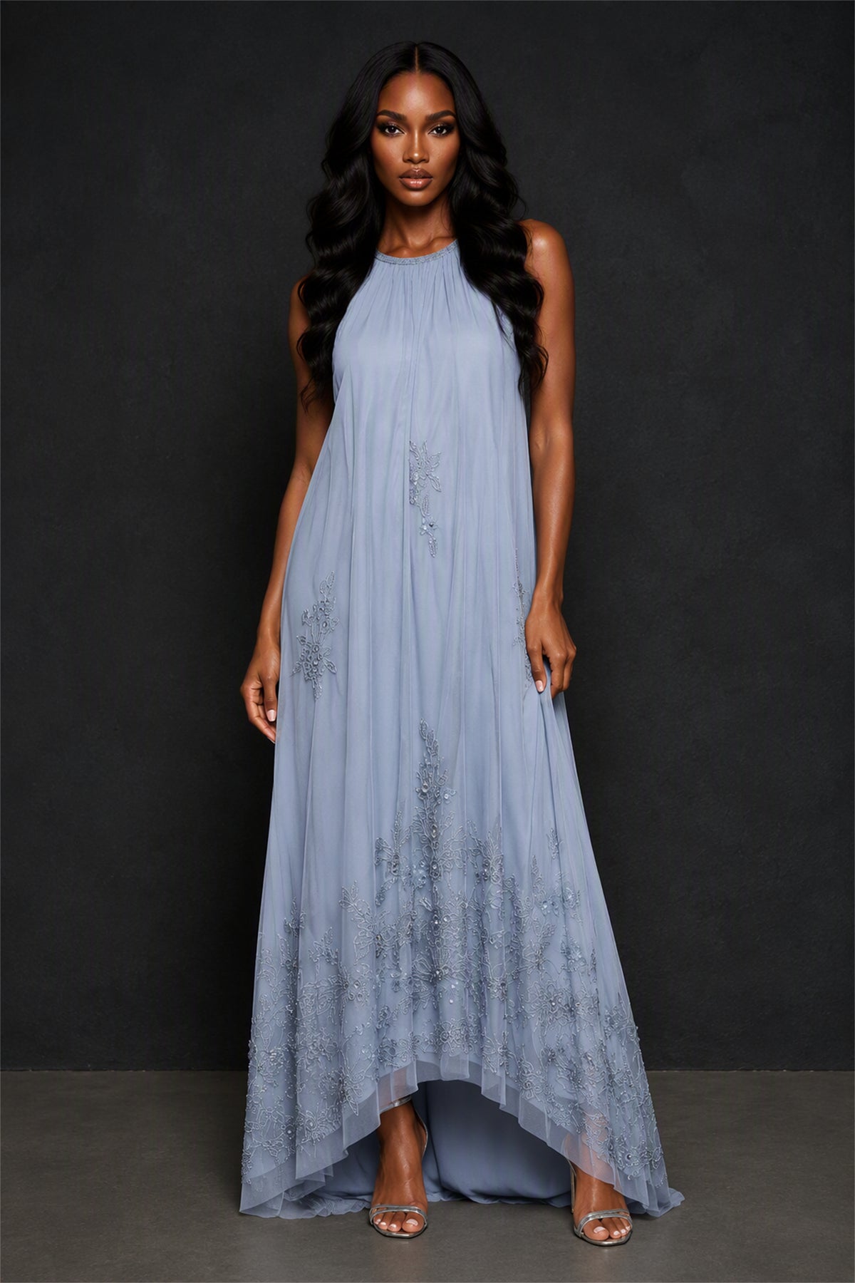BOLODOO BX0055 light blue halter neck sequin floral embroidered chiffon maxi dress - front view close up