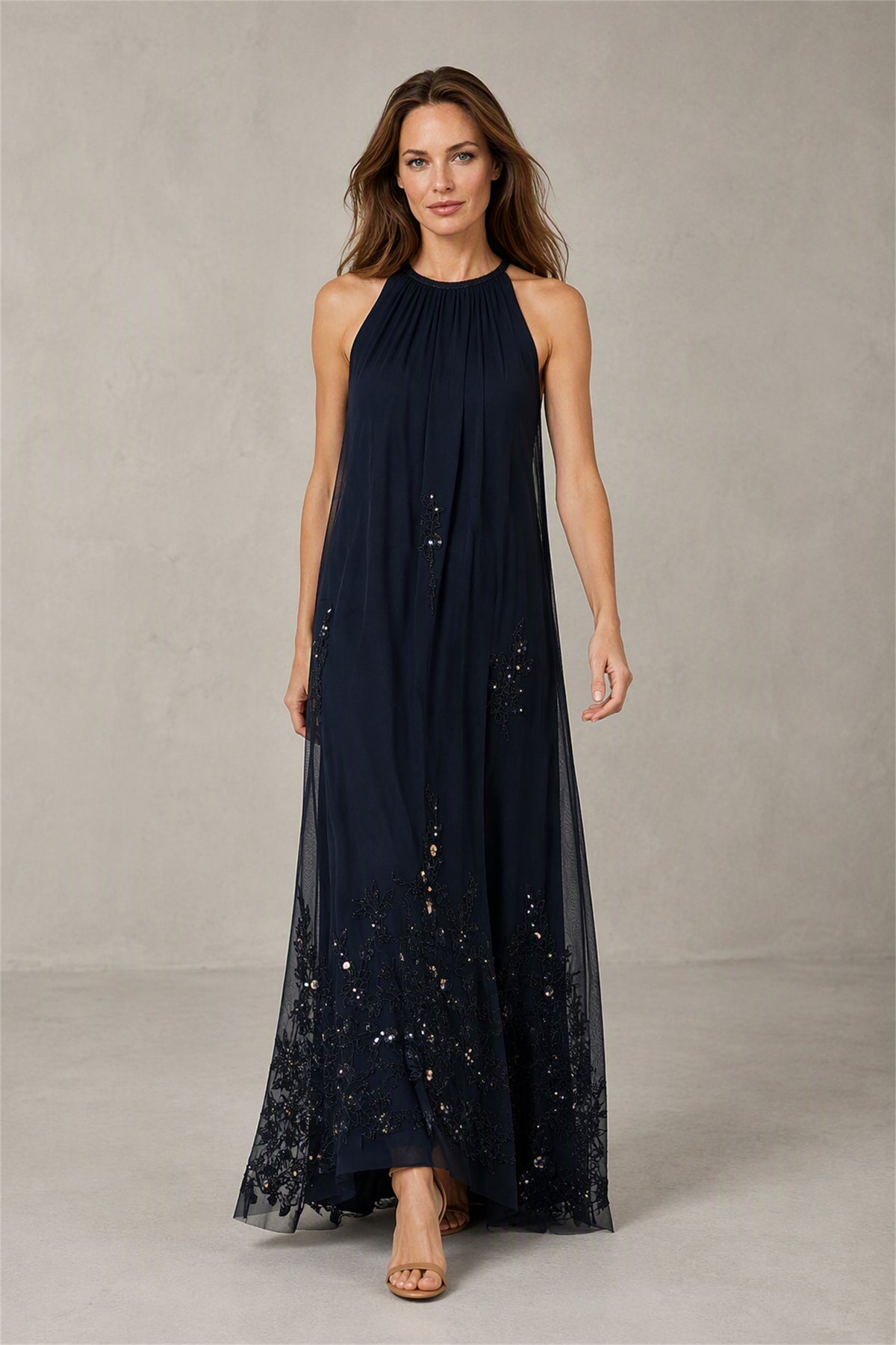 BOLODOO Navy Blue Halter Sequin Floral Cape Maxi Dress - Front View