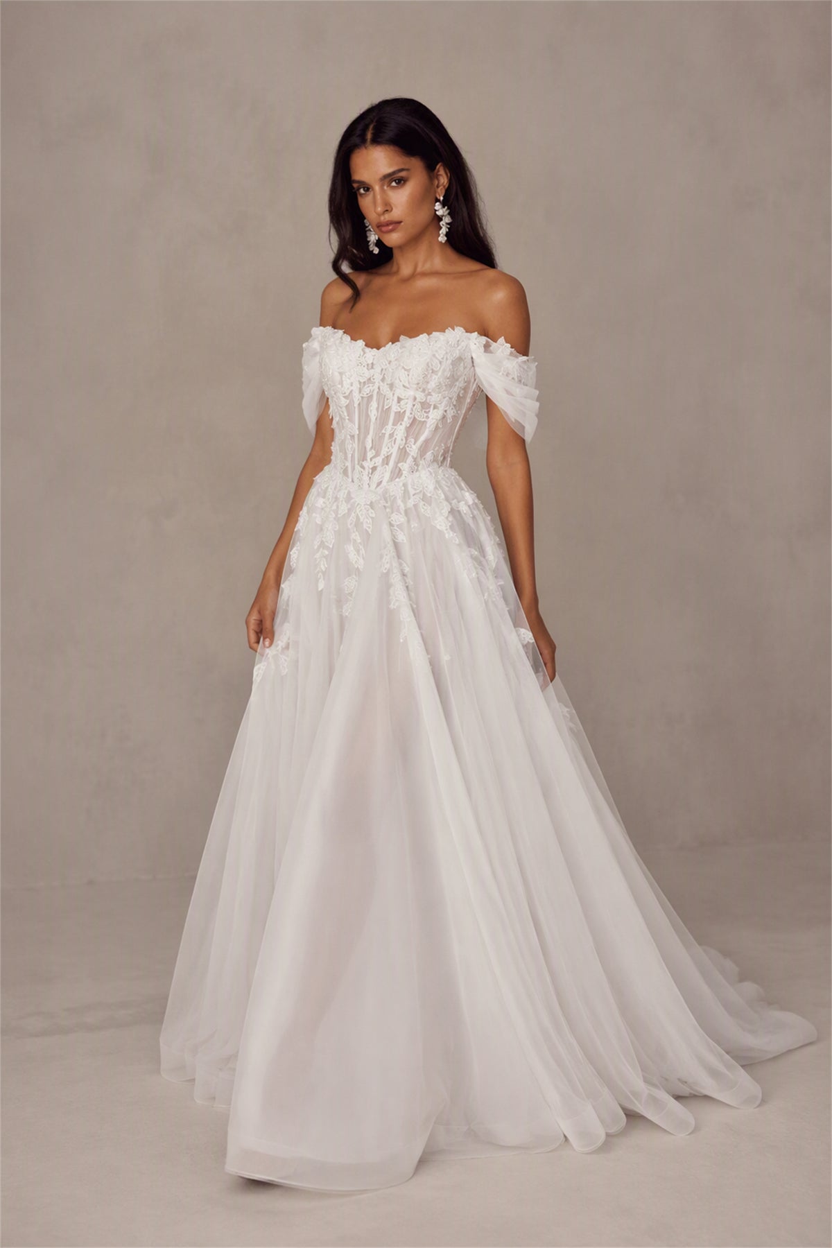 BOLODOO BX0056 off-shoulder corset wedding ball gown - sweetheart neckline and 3D floral lace bodice detail, ivory white