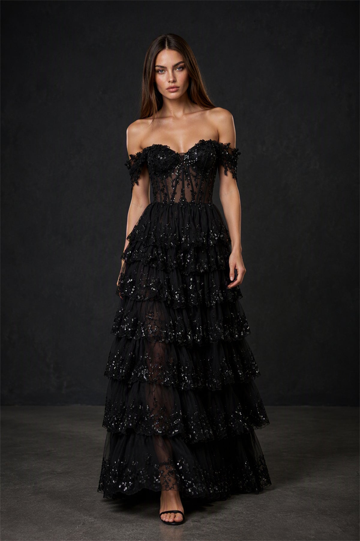 BOLODOO BX0057 black off-shoulder sheer corset ball gown - back view showing open lace-up corset