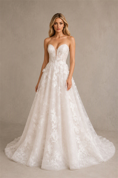 BOLODOO BX0058 white 3D floral lace strapless sweetheart sheer corset A-line wedding gown - front upper body close up showing plunge neckline and 3D floral detail