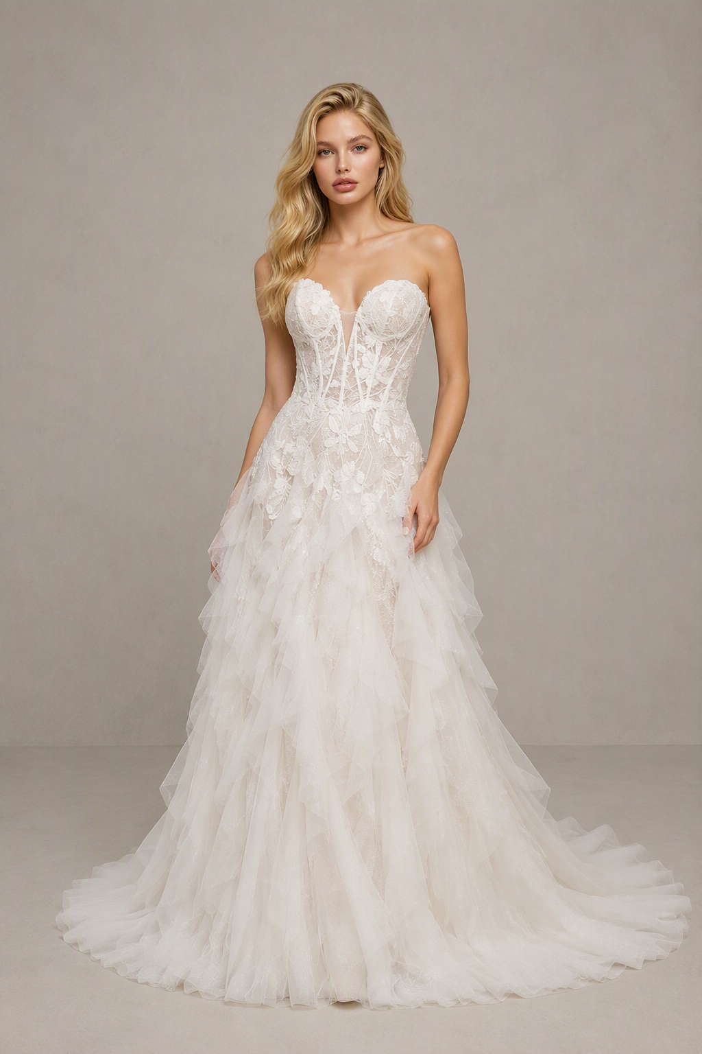 BOLODOO BX0059 white tiered ruffle tulle wedding gown - back view showing open lace-up corset back and cathedral train
