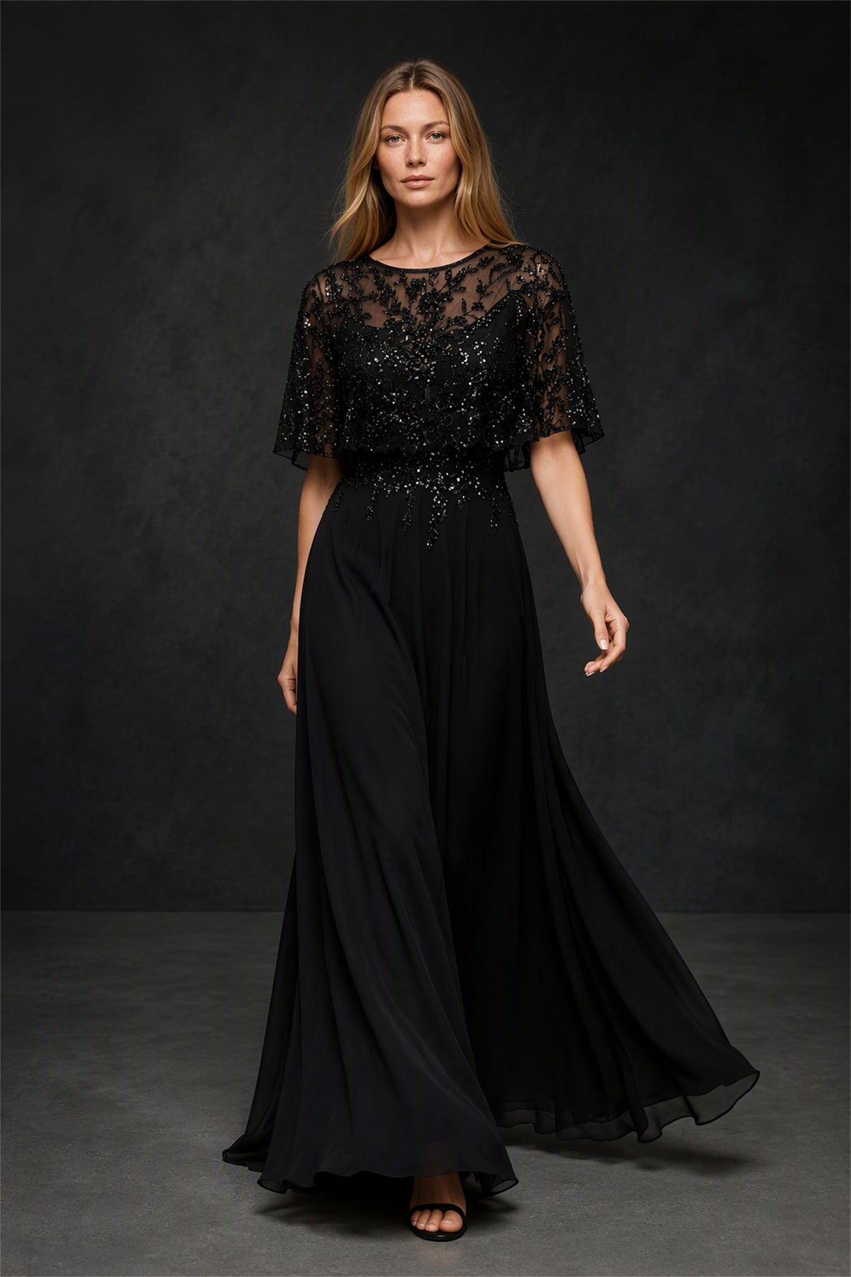 BOLODOO BX0060 black illusion lace sequin flutter sleeve chiffon A-line maxi dress - full length front view walking