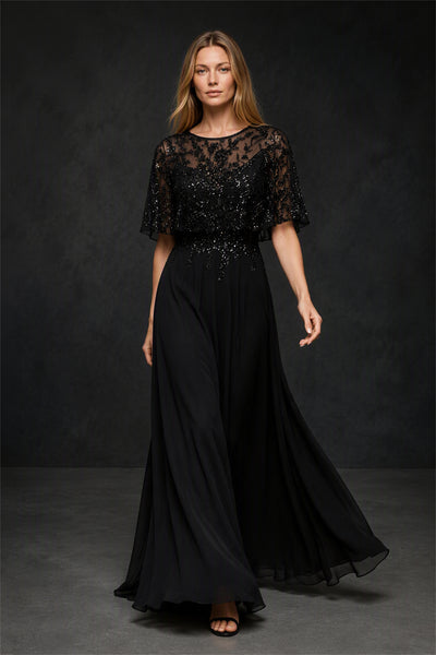 BOLODOO BX0060 black illusion lace sequin flutter sleeve chiffon A-line maxi dress - full length front view walking