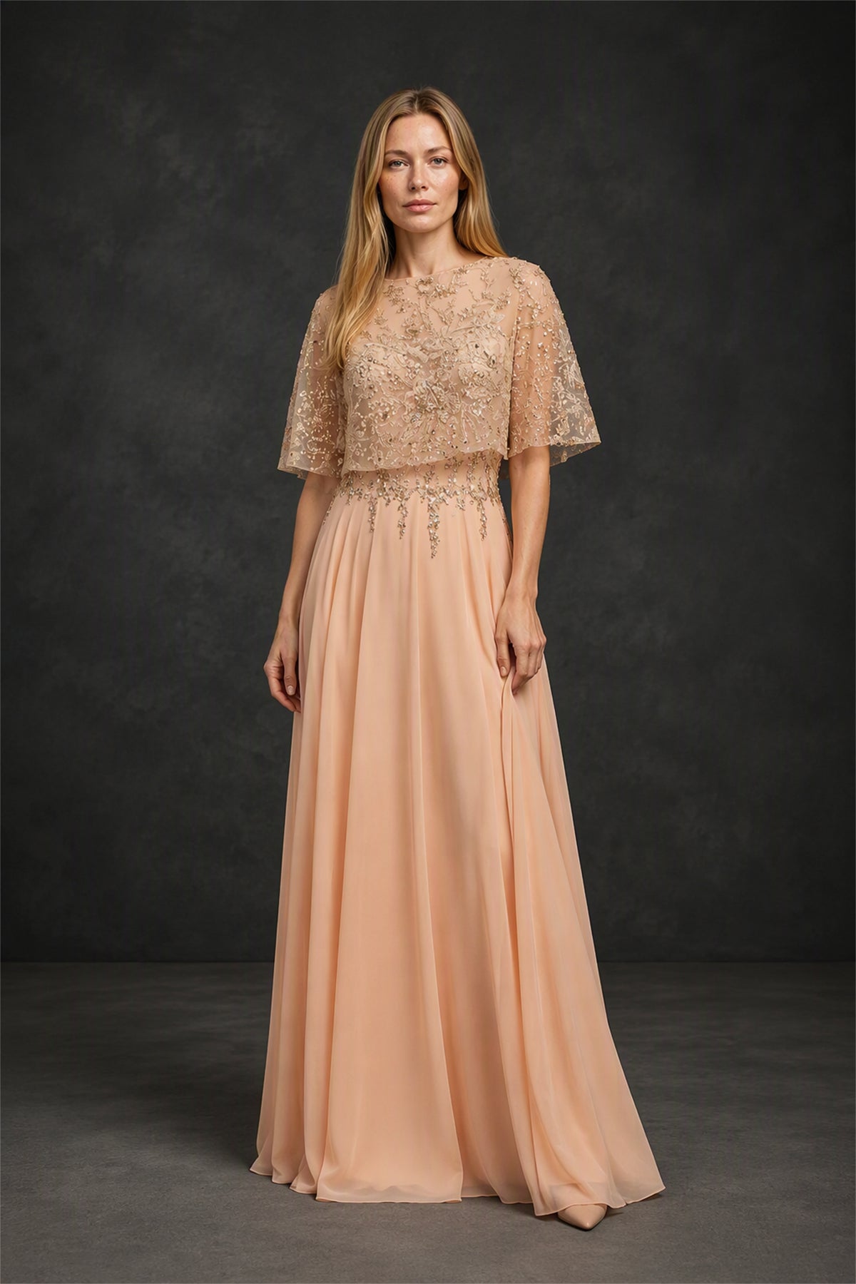 BOLODOO BX0060 rose gold illusion lace gold sequin flutter sleeve chiffon A-line maxi dress - full length front view light background