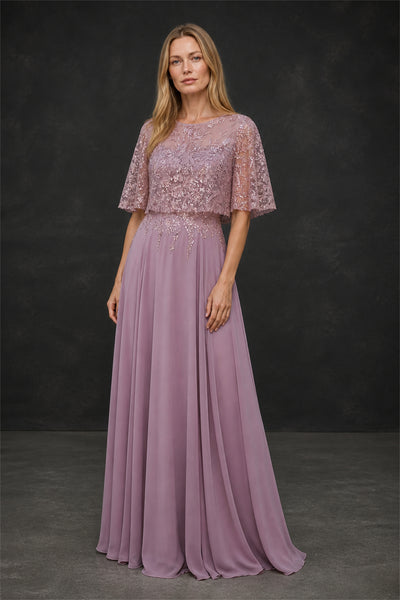 BOLODOO BX0060 wisteria illusion lace sequin flutter sleeve chiffon A-line maxi dress - full length front view