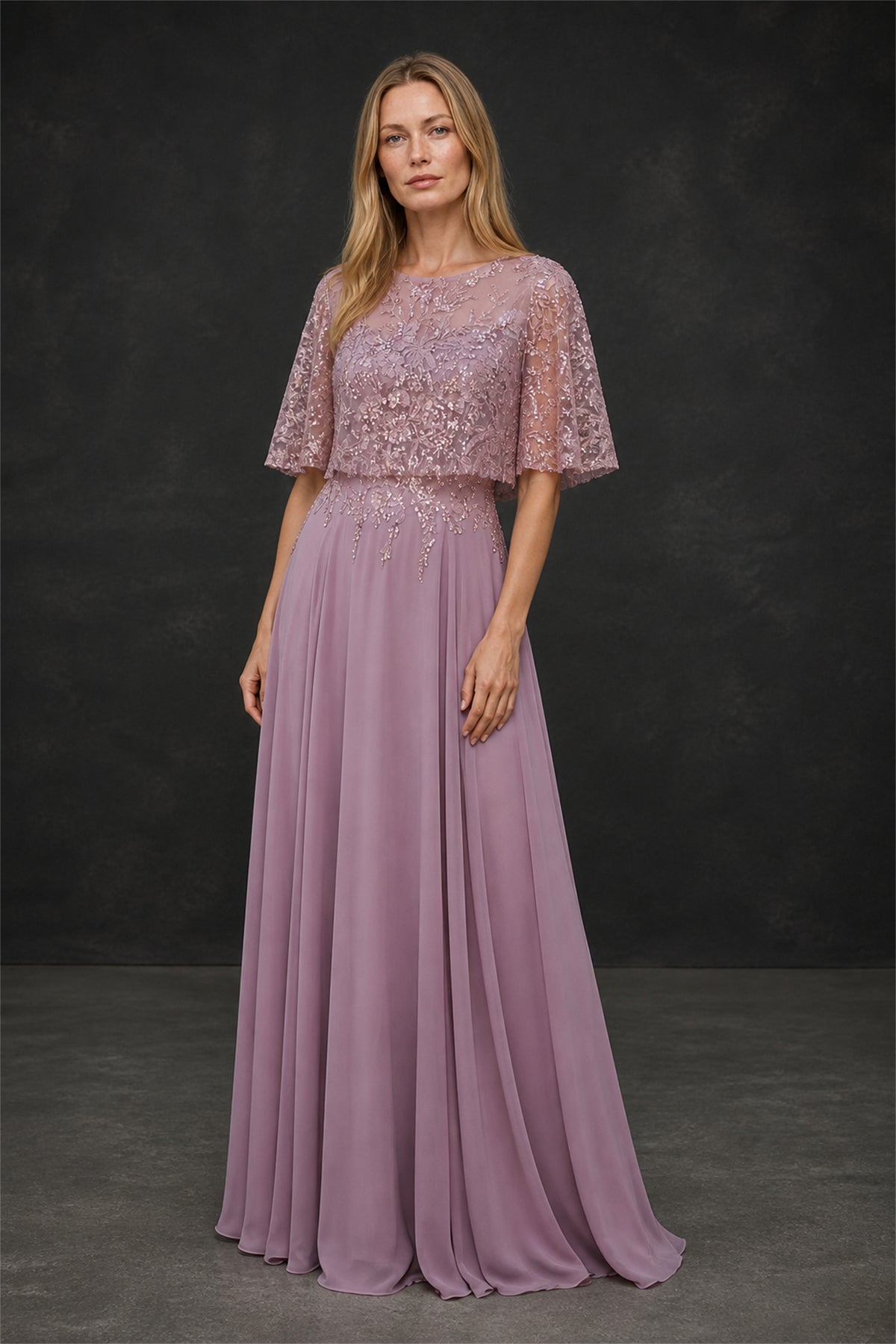 BOLODOO BX0060 wisteria illusion lace sequin flutter sleeve chiffon A-line maxi dress - full length front view