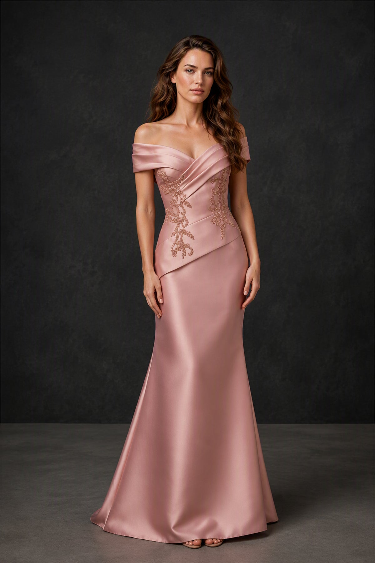 BOLODOO BX0062 dusty rose satin off-shoulder sweetheart peplum mermaid gown - back view showing low open back and sweep train
