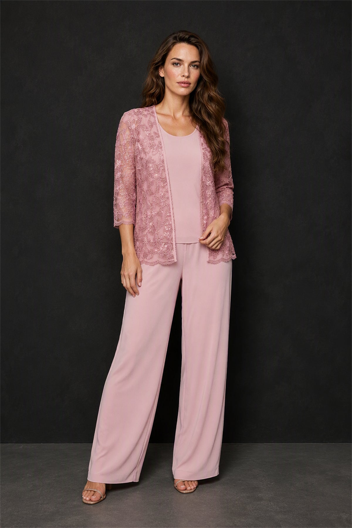 BOLODOO BX0063 dusty rose 3-piece sequin lace jacket wide-leg pants suit - front view standing with jacket