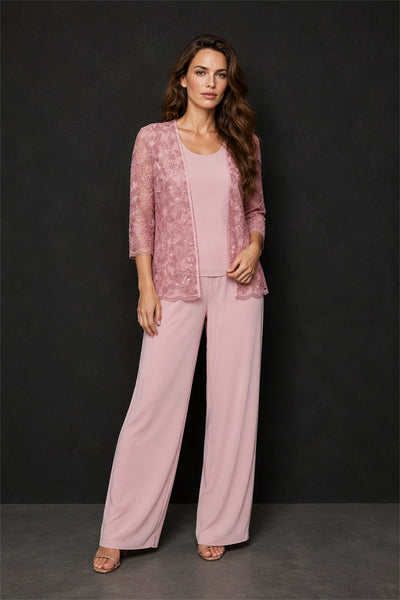 BOLODOO BX0063 dusty rose 3-piece sequin lace jacket wide-leg pants suit - front view standing with jacket