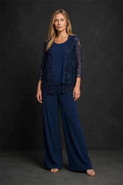 BOLODOO BX0063 navy blue 3-piece sequin lace jacket wide-leg pants suit - side view with jacket showing lace detail