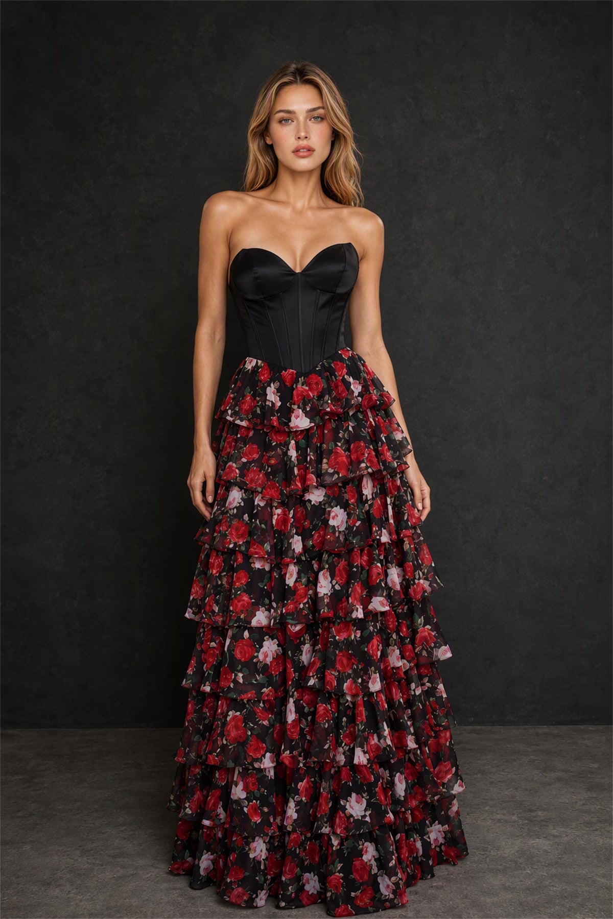BOLODOO BX0064 black sweetheart strapless boned corset rose floral print tiered ruffle chiffon A-line maxi gown - full length front view